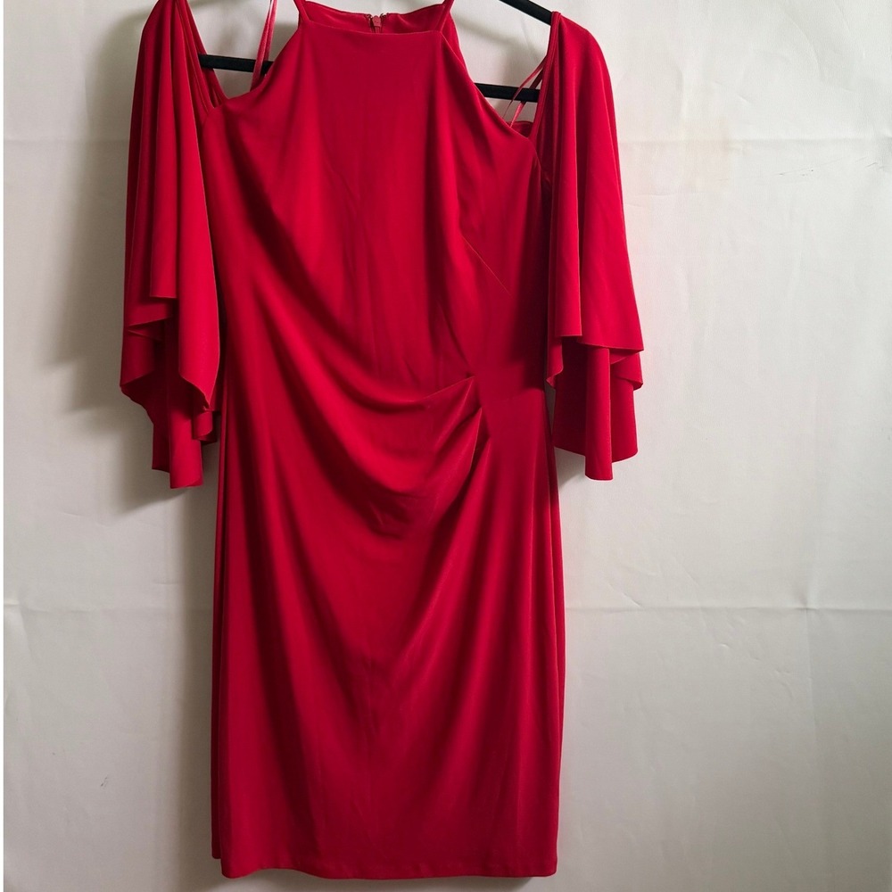 Lauren Ralph Lauren Red Cold Shoulder Flutter Sleeve Ruched Sheath Dress 4